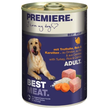Canned dog food labeled "Premiere" featuring a dog image, with text stating "Best Meat" and ingredients: turkey, rice, and carrots.