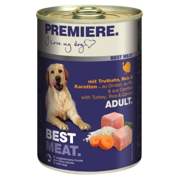 Canned dog food labeled "Premiere" featuring a dog image, with text stating "Best Meat" and ingredients: turkey, rice, and carrots.