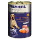 Dose Hundefutter mit der Aufschrift "Premiere", die ein Hundebild zeigt, mit dem Text "Bestes Fleisch" und Zutaten: Truthahn, Reis und Karotten.