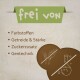 Das grüne Banner mit der Aufschrift "frei von" zeigt Illustrationen und Listen: Farbstoffe, Getreide, Zuckerzusätze und Gentechnik.