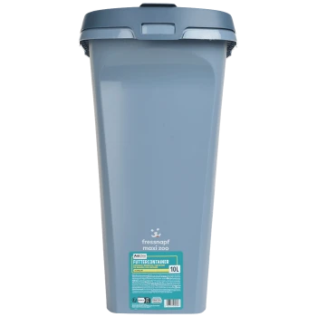 Blue 10L AniOne pet food container with lid, labeled "fressnapf maxi zoo" and product details on front.