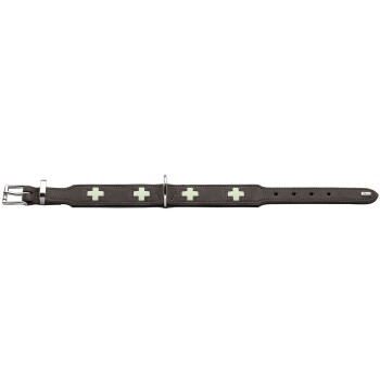 Braunes Leder-Hundehalsband mit blassgrünen Kreuz-Einlagen, silberner Schnalle und D-Ring; kein sichtbarer Text