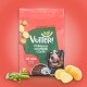 Schüssel mit braunem veganem Haustier-Kibble auf orangefarbenem Hintergrund mit Text „WIE RIND“ und veganem Zertifizierungslogo.