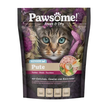 Pawsome! Frisches & Trockenfutter für Senioren, mit einer Nahaufnahme des Gesichts einer Katze, umgeben von Blumen. Geschmack: Truthahn, mit Gemüse und Kräutern.