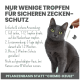 Eine graue Katze mit grünen Augen wird betrachtet, während eine Hand einen Tropfer auf ihren Nacken anwendet, mit Text zu Zecken-Schutzanweisungen im Hintergrund.