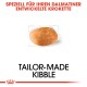 Bild eines Krokettenstücks mit dem Text 'TAILOR-MADE KIBBLE' und 'SPEZIELL FÜR IHREN DALMATINER ENTWICKELTE KROKETTE' darüber.