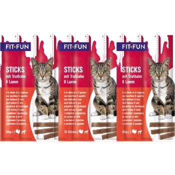 FIT+FUN Katzenleckerlis Pack mit getigerter Katze, Aufschrift „STICKS mit Truthahn & Lamm“, braune Stick‑Leckerlis abgebildet, 50 g