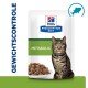Verpackung von Hill's Prescription Diet Metabolic Katzenfutter mit einer getigerten Katze und Trockenfutter in einer Schüssel, mit dem Text "GEWICHTSCONTROLLE".
