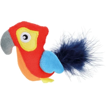 Buntes Plüschpapagei-Spielzeug mit rotem Körper, gelbem Auge, blauen Flügeln und einem flauschigen blauen Schwanz, ideal für die Spielzeit mit Haustieren.