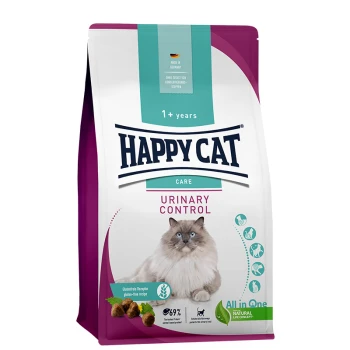 Happy Cat Urinary Control Futterbeutel für Katzen 1+, mit einer flauschigen Katze, glutenfreier Rezeptur und natürlichen Zutaten.