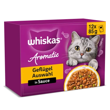Lila Whiskas Aromatic Katzenfutter-Box mit grauer Katze und Schale mit Geflügel in Sauce; Text 'Geflügel Auswahl in Sauce' und '12x 85 g'