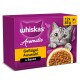 Lila Whiskas Aromatic Katzenfutter-Box mit grauer Katze und Schale mit Geflügel in Sauce; Text 'Geflügel Auswahl in Sauce' und '12x 85 g'