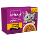 Lila Whiskas Aromatic Katzenfutter-Box mit grauer Katze und Schale mit Geflügel in Sauce; Text 'Geflügel Auswahl in Sauce' und '12x 85 g'