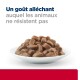 Bol de nourriture humide pour animaux de compagnie avec des morceaux de viande dans une sauce, accompagné du texte : "Un goût alléchant auquel les animaux ne résistent pas."