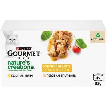 Packung Purina Gourmet Nature's Creations Katzenfutter mit zerkleinertem Hähnchen in Sauce, mit einem Katzenbild und dem Text "reich an Hähnchen und Truthahn."