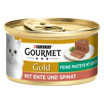 Dose Purina Gourmet Gold Katzenfutter mit einer weißen Katze, beschriftet mit "Feine Pastete mit Gemüse" mit Ente und Spinat, zeigt ein Stück auf einem Teller.