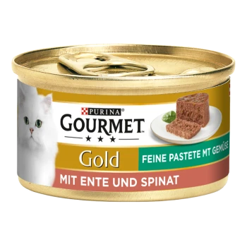 Boîte de nourriture pour chat Purina Gourmet Gold avec un chat blanc, étiquetée "Feine Pastete mit Gemüse" avec du canard et des épinards, montrant une tranche sur une assiette.
