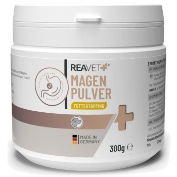 Weißer Behälter mit REAVET Magen Pulver Hundemagenpulverergänzung, 300g, hergestellt in Deutschland, mit Fütterungsanleitung auf Deutsch.