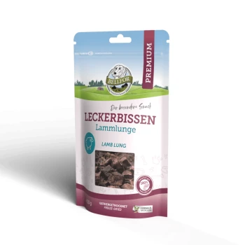 Leckerbissen für Hunde mit Lammlunge - 50g Premium gefriergetrocknete Lammlungen-Hundeleckereien in einer 50g-Packung, mit dem Text "Leckerbissen Lammlunge" und einem Fenster, das das Produkt zeigt.
