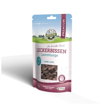 Premium gefriergetrocknete Lammlungen-Hundeleckereien in einer 50g-Packung, mit dem Text "Leckerbissen Lammlunge" und einem Fenster, das das Produkt zeigt.