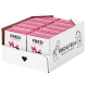 Eine Ausstellungsbox mit pinken Verpackungen, die mit "FRED" und "FRED & FELIA" beschriftet sind, mit Cartoon-Tieren und "Tierliebe vom Allerfeinsten."