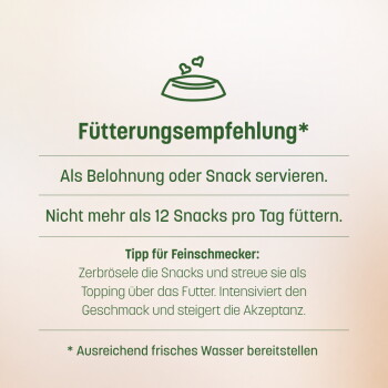 'Snack gut. Tu Gutes. Fühl dich gut.' Überschrift mit sechs Abzeichen: tierärztlich entwickelt, in Deutschland hergestellt, Katzenhilfe, 90‑Tage‑Rückerstattung, Auszeichnung, Kaninchen