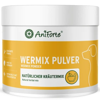 Weißer Behälter AniForte WERMIX PULVER (Wermix-Pulver) natürlicher Kräutermix, gelbes Etikett mit Hundesilhouette und 'Made in Germany'.