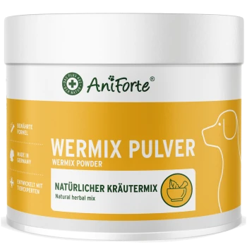 Weißer Behälter AniForte WERMIX PULVER (Wermix-Pulver) natürlicher Kräutermix, gelbes Etikett mit Hundesilhouette und 'Made in Germany'.