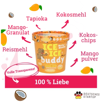 Oranger Behälter ICE ICE buddy Hunde-Eiscreme mit Zutaten Tapioka, Kokosmehl, Mangostückchen, Reismehl, Kokoschips und Mangopulver.