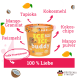 Oranger Behälter ICE ICE buddy Hunde-Eiscreme mit Zutaten Tapioka, Kokosmehl, Mangostückchen, Reismehl, Kokoschips und Mangopulver.