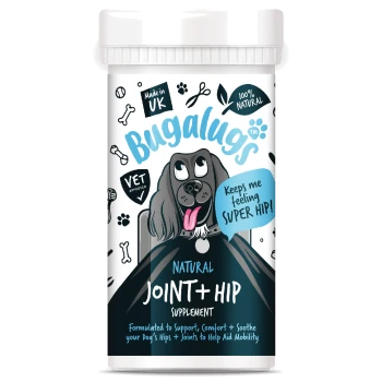 Weiße Flasche des Bugalugs Natural Joint + Hip Ergänzungsmittels für Hunde, tierärztlich geprüft, hergestellt in Großbritannien, 100 % natürlich.