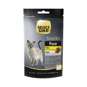 Pure Chicken Snack Adult 8 x 75g Select Gold Pure Snacks für Katzen, mit einer Siamkatze auf der Verpackung, mit den Etiketten "Huhn" und "Erwachsene".