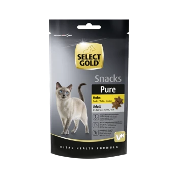 Select Gold Pure Snacks für Katzen, mit einer Siamkatze auf der Verpackung, mit den Etiketten "Huhn" und "Erwachsene".