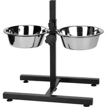 Ständer für doppelte Haustierfutterschalen aus Edelstahl mit verstellbarer Höhe und einem stabilen schwarzen Metallrahmen.