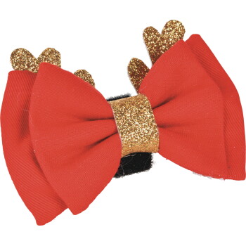 Rote Haustier-Schleife mit goldglitzerndem Zentrum und glitzernden Geweihformen, schwarzer Klettverschluss.