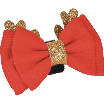 Rote Haustier-Schleife mit goldglitzerndem Zentrum und glitzernden Geweihformen, schwarzer Klettverschluss.