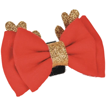 Rote Haustier-Schleife mit goldglitzerndem Zentrum und glitzernden Geweihformen, schwarzer Klettverschluss.
