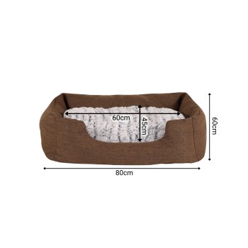 Braunes Haustierbett mit einem weichen weißen Innenraum, misst 80 cm x 60 cm x 45 cm, geeignet für kleine bis mittelgroße Haustiere.