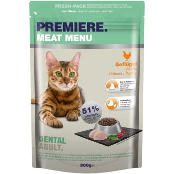 Verpackung für Katzenfutter mit einer Bengal-Katze, beschriftet mit "Premiere Meat Menu", mit 51% Geflügelanteil und Ansprüchen auf Zahnpflege und Hygiene.