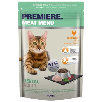 Verpackung für Katzenfutter mit einer Bengal-Katze, beschriftet mit "Premiere Meat Menu", mit 51% Geflügelanteil und Ansprüchen auf Zahnpflege und Hygiene.