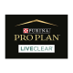 Logo Purina Pro Plan LiveClear na czarnym tle, z złotymi akcentami i czerwono-białym wzorem w kratkę.