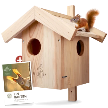 Ein Holz-Eichhörnchenhaus mit einem Eichhörnchen, das auf dem Dach sitzt, begleitet von einer Broschüre mit dem Titel 'Ein Garten für Eichhörnchen.'