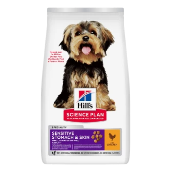 Hill's Science Plan Hundefuttertüte mit Bild eines kleinen Hundes – Sensitive Stomach & Skin (mit Huhn), vom Tierarzt empfohlen.