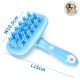 Blaue Haustierpflegebürste mit einem Griff, 15 cm lang und 10,5 cm breit, mit einem Pfotenabdruckdesign.