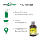 EquiGreen Heu Protect Sprühflasche für schimmelfreies Heu, hergestellt in Deutschland, mit Symbolen einer Sprühflasche, Blättern und einem Standortpin.