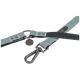 Eine Nahaufnahme einer türkisfarbenen und schwarzen Haustierleine mit einem Metallclip und einem runden Anhänger mit dem Markennamen 'TRIXIE.'
