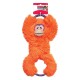A bright orange plush toy shaped like a monkey, featuring a smiling face and a rope handle, labeled "KONG Tugz."