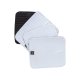 Vier Haustier-Trainingspads in verschiedenen Weiß- und Schwarztönen, mit einer gesteppten Textur und einem kleinen Logo auf einem Pad.