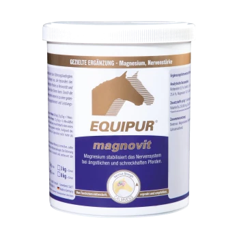Behälter von EQUIPUR magnovit, einem Magnesiumpräparat für Pferde, mit Text, der die beruhigenden Wirkungen auf nervöse Pferde hervorhebt.