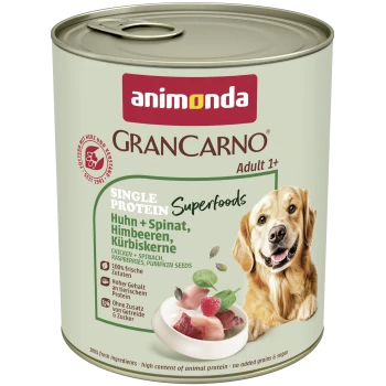Dose Animonda GranCarno Adult 1+ Hundefutter — Single Protein Superfoods, Huhn & Spinat; Bild eines Golden Retrievers.